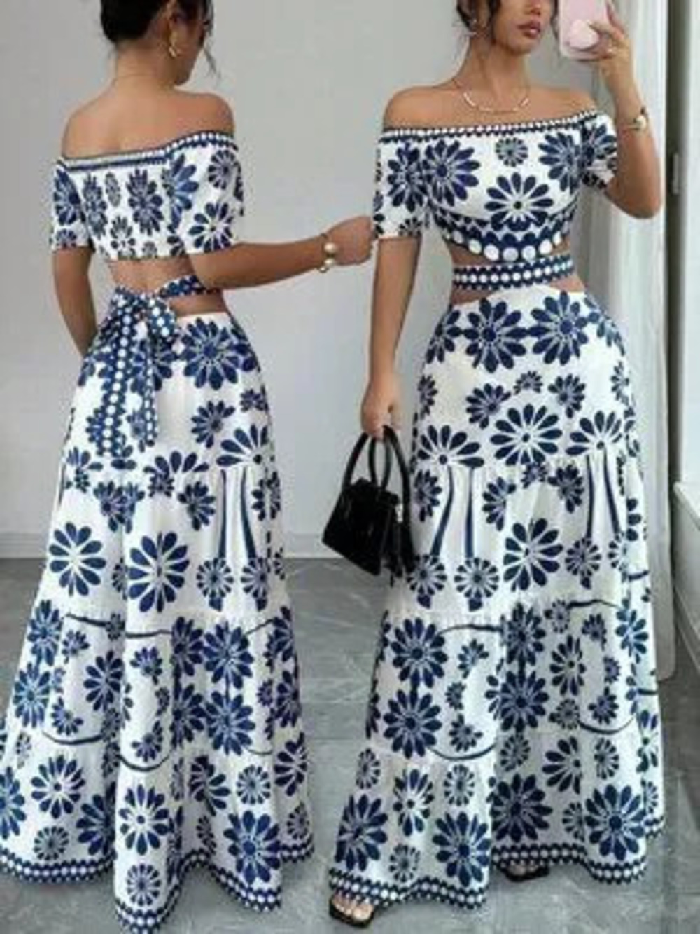 Blue Boho Women's Floral Print Off-Shoulder short Sleeve Hollow Waist Dress